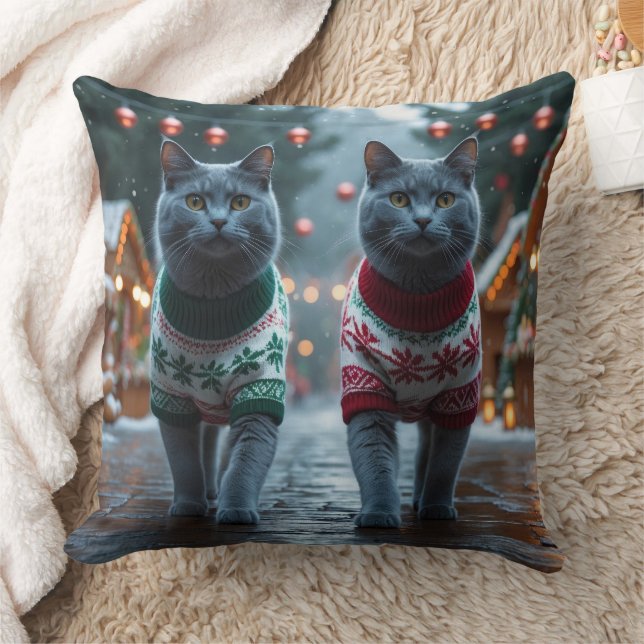 Russian Blue Cats Christmas Snow Holiday  Kudde (Filt)