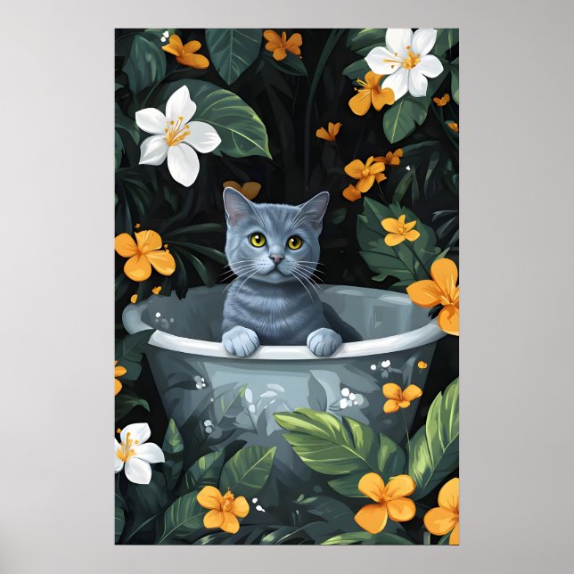 Russian Blue In Bathtub Poster, Funny Cat Poster (Framsidan)