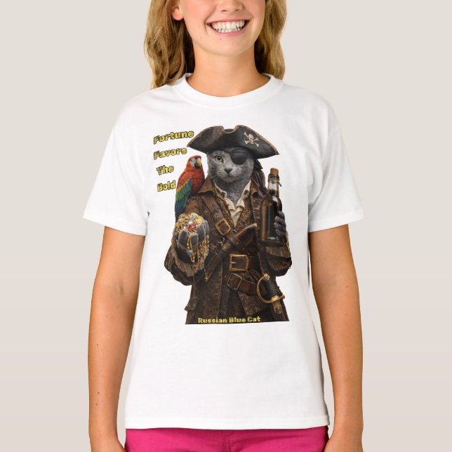 Russian Blue Pirate Cat – Fortune Favors The Bold T Shirt (Framsida)