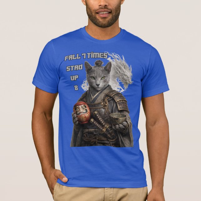 Russian Blue Samurai Cat T Shirt (Framsida)