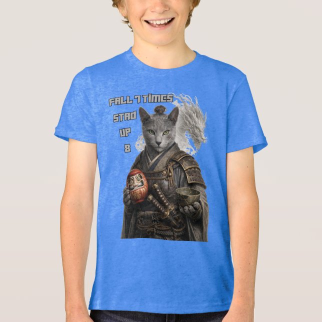 Russian Blue Samurai Cat T Shirt (Framsida)
