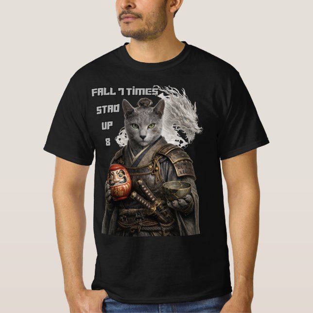 Russian Blue Samurai Cat T Shirt (Framsida)