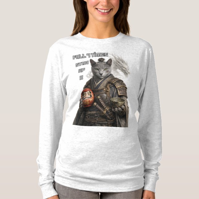 Russian Blue Samurai Cat T Shirt (Framsida)