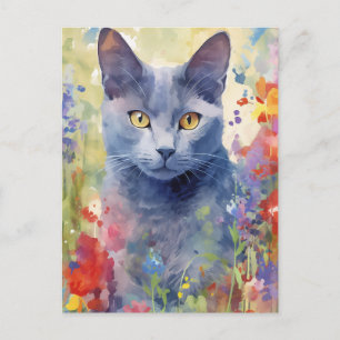 Russsian Blue Cat färglösa blommor Vykort