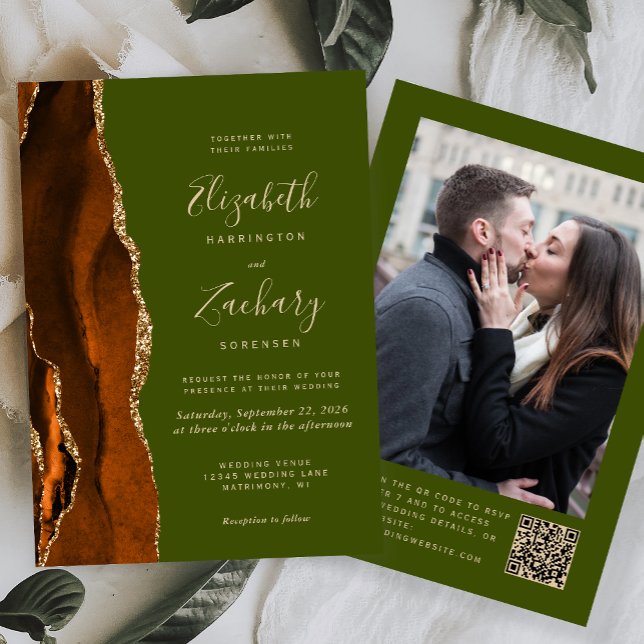 Rust Agate Olivgrön Foto QR-kod Bröllop Inbjudningar (Skapare uppladdad)