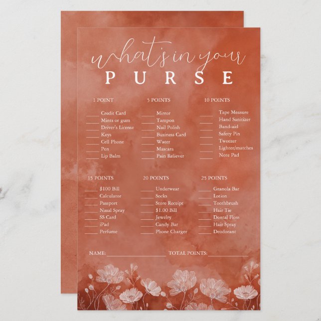 Rust Blommigt - vad är i ditt Purse-spel (Fram/baksida)