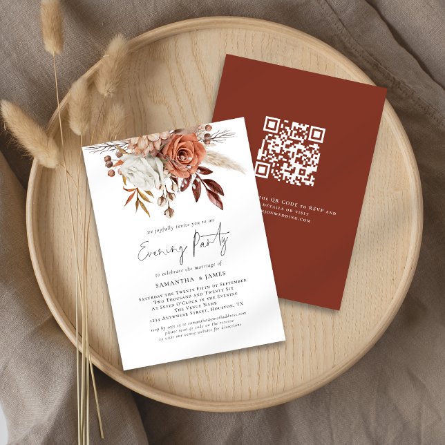 Rust Blommigts QR-koden Bröllop Evening Party Inbjudningar (Front and back view)