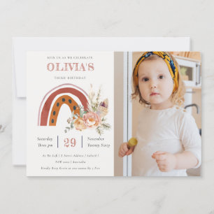 Rust Boho Blommigt Rainbow Photo Birthday Inbjudan