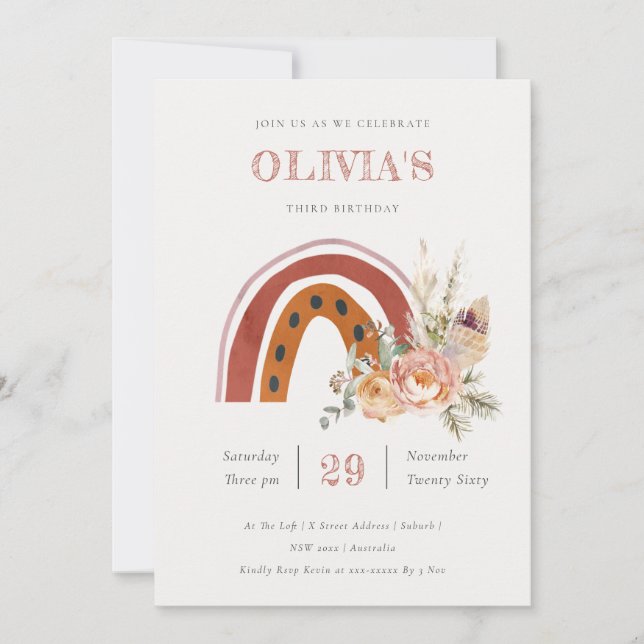 Rust Boho Blommigt Regnbåge alla åldrar Födelsedag Tack Kort (Framsida)