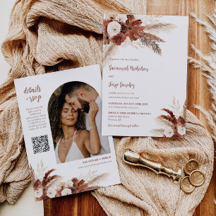 Rust Boho Pampas Grass Arch Photo QR Code Bröllop Inbjudningar