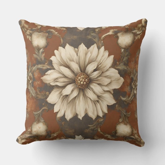 Rust Brown Cream Baroque Blommigt Kudde (Framsida)