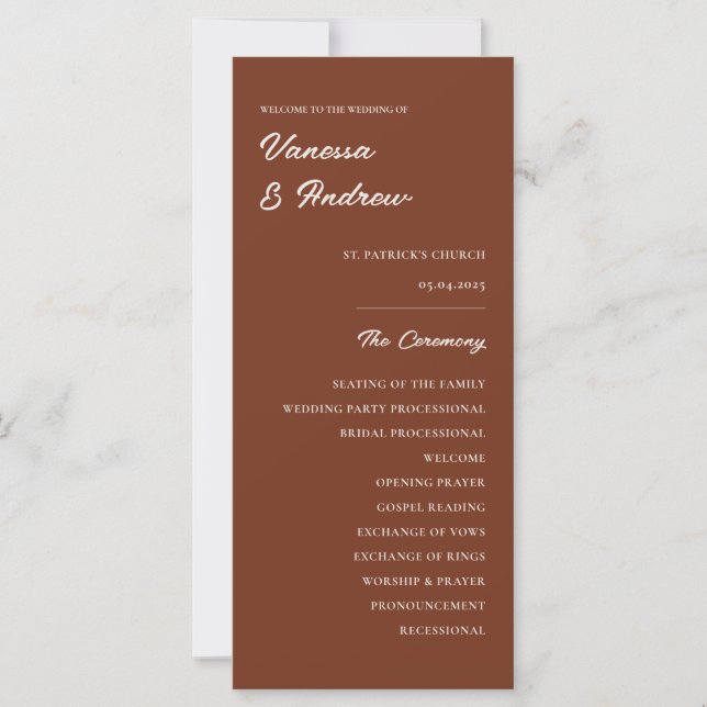 Rust Brown Elegant Modern Bröllop Ceremony Card (Framsida)
