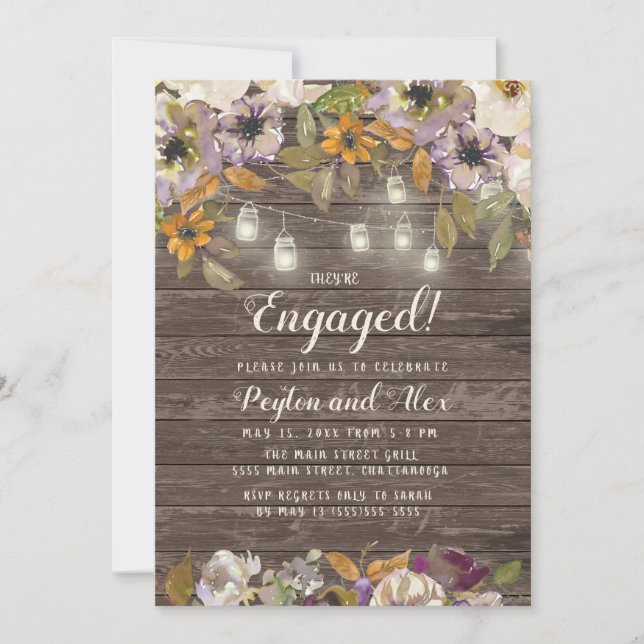 Rust Cream Lila Blommigt String Ljus Wood Inbjudningar (Framsida)