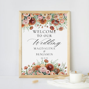 Rust Dahlia Flowers Sage Fall Calligraphy Välkomme Poster