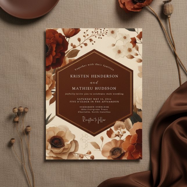 Rust Floral Autumn Romance Wedding Inbjudningar (Skapare uppladdad)