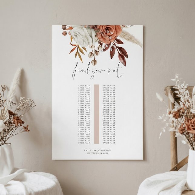 Rust Floral Enkel Bord Bröllop Placeringsplan Poster (Skapare uppladdad)