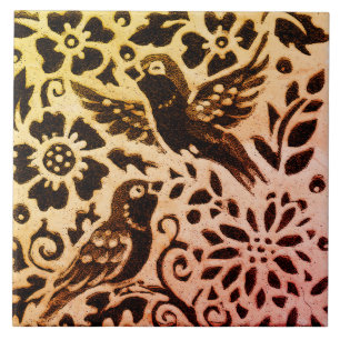 Rust Guld Brown Bird Blommigt Höst löv Batik Kakelplatta