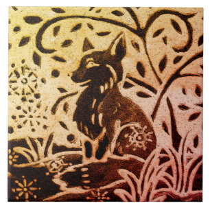Rust Guld Brown Fox Snö Winter Gräs Batik Kakelplatta