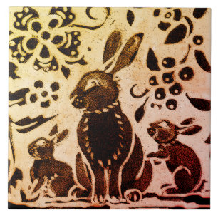 Rust Guld Brown Rabbit Blommigt Höst löv Batik Kakelplatta