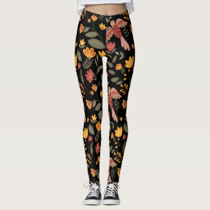 Rust Guld Grönt Flowers & Birds on Black Leggings