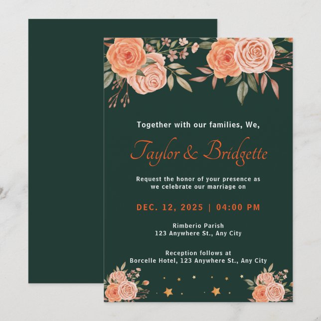 Rust och Emerald Grönt Fall Wedding Inbjudningar (Fram/baksida)