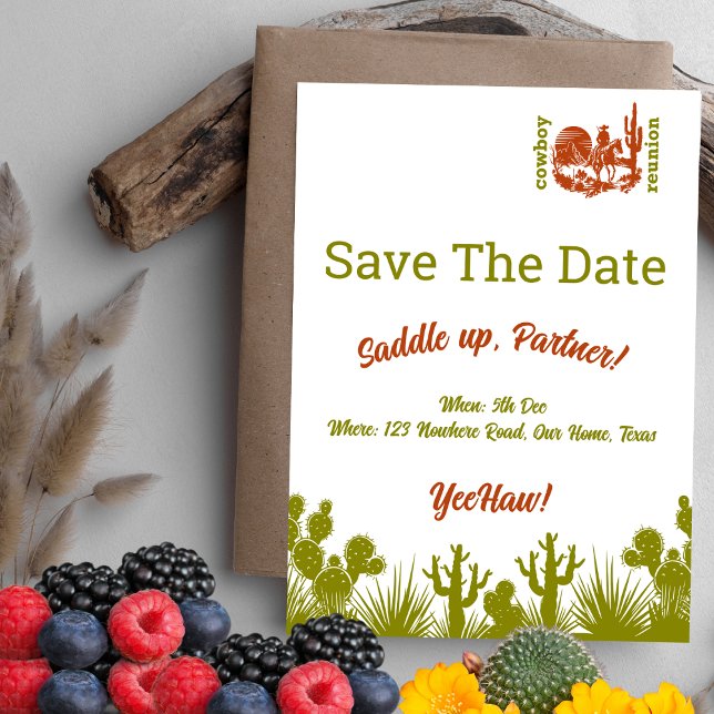 Rust och oliv grönt cowboycactus träd reunion spara datumet (Skapare uppladdad)