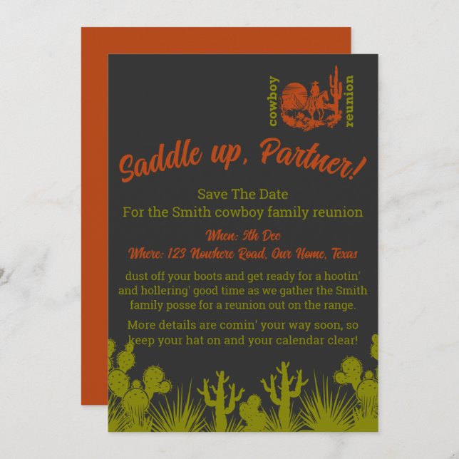 Rust och oliv grönt cowboycactus träd reunion spara datumet (Fram/baksida)