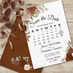 Rust Orange Blommigt Elegant Boho Bröllop Calendar Spara Datumet
