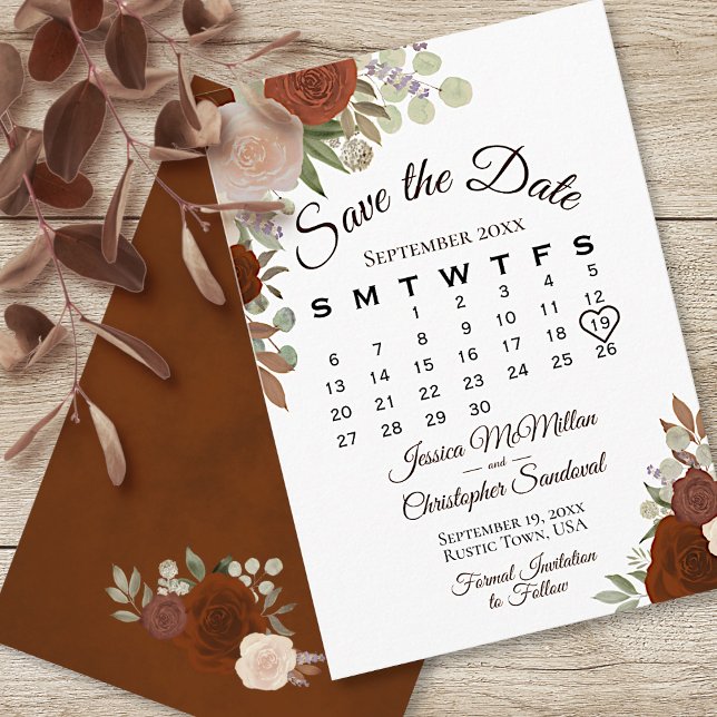 Rust Orange Blommigt Elegant Boho Bröllop Calendar Spara Datumet (Skapare uppladdad)