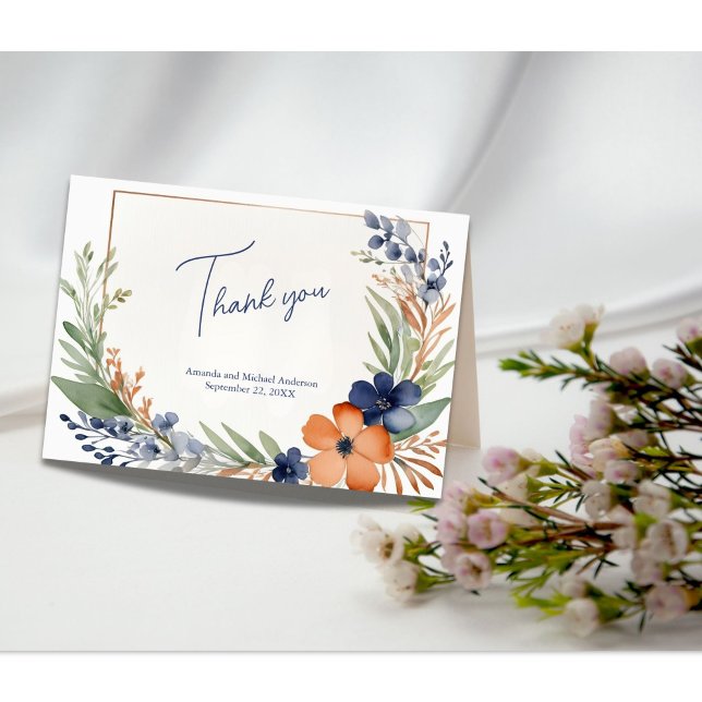 Rust Orange Blue Grönt Blommigt Vattenfärg Bröllop Tack Kort (Rust orange blue green watercolor floral wedding or bridal shower thank you card)