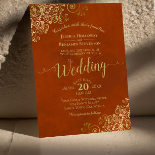 Rust Orange Elegant Guld Curls Calligraphy Bröllop Inbjudningar