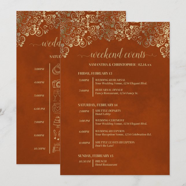 Rust Orange & Gold Glam Brölllopsevenemang & Tidsl Program (Fram/baksida)