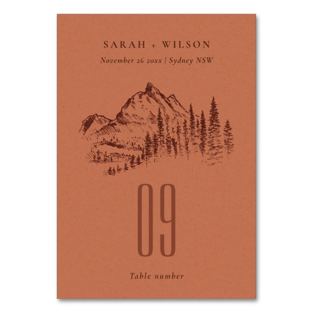 Rust Orange Gräs Skogen Bergsketch Bröllop Bordsnummer (Framsidan)