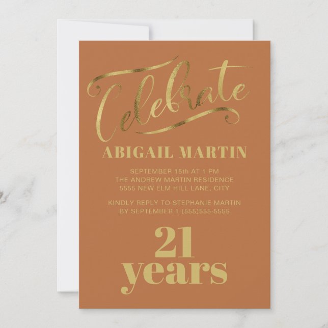 Rust Orange Guld 21:a födelsedag Party Celebrate Inbjudningar (Framsida)
