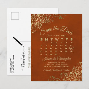 Rust Orange & Guld Bröllop spara datum Calendar Meddelande Vykort