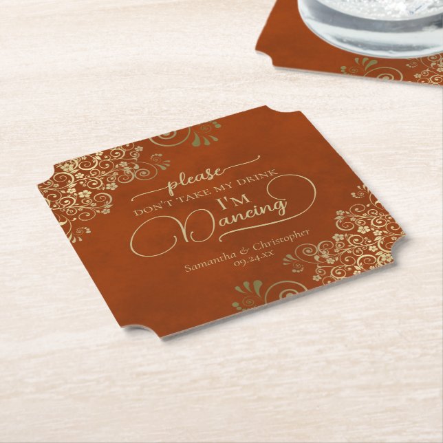 Rust Orange & Guld Ta inte min dryck Bröllop Underlägg Papper (Vinklad)