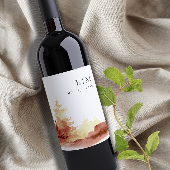 Rust Orange Gult Fall Träd Monogram Bröllop Vinflaska Etikett (Skapare uppladdad)