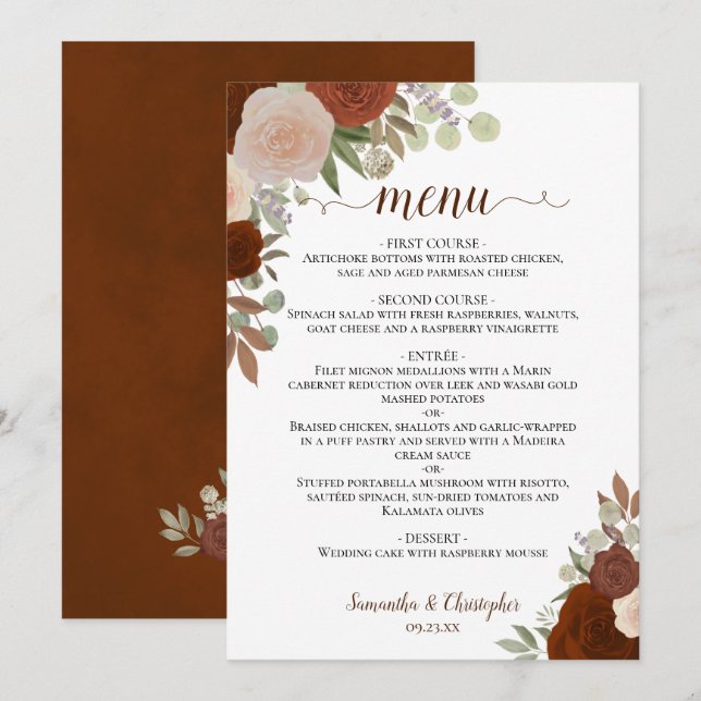 Rust Orange Höst Blommigt Elegant Boho Bröllop Meny (Fram/baksida)