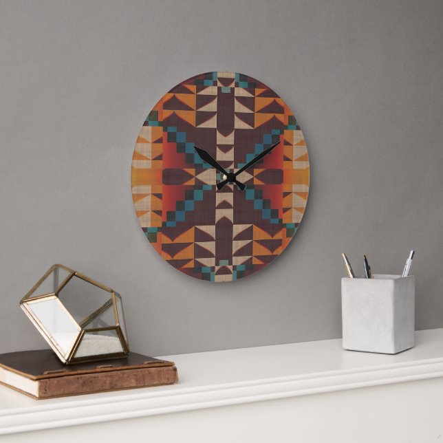 Rust Orange Mörk Red Brown Teal Blue Tribal Art Stor Klocka (Kontor)