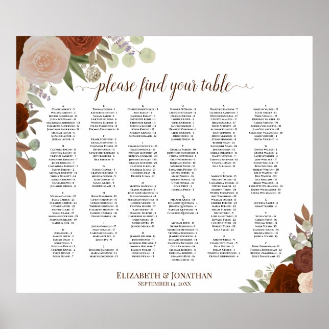 Rust Orange Ro Alfabetiskt sittningsschema Poster (Framsidan)