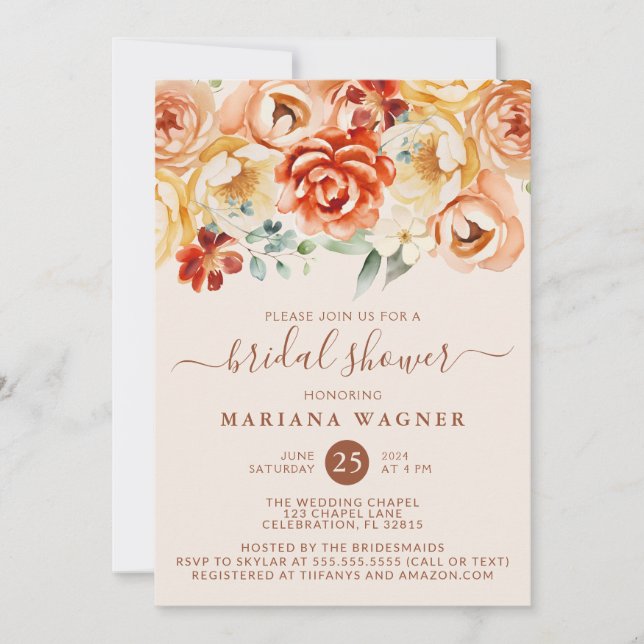 Rust Peach Beige Blommigt Möhippa Inbjudningar (Framsida)