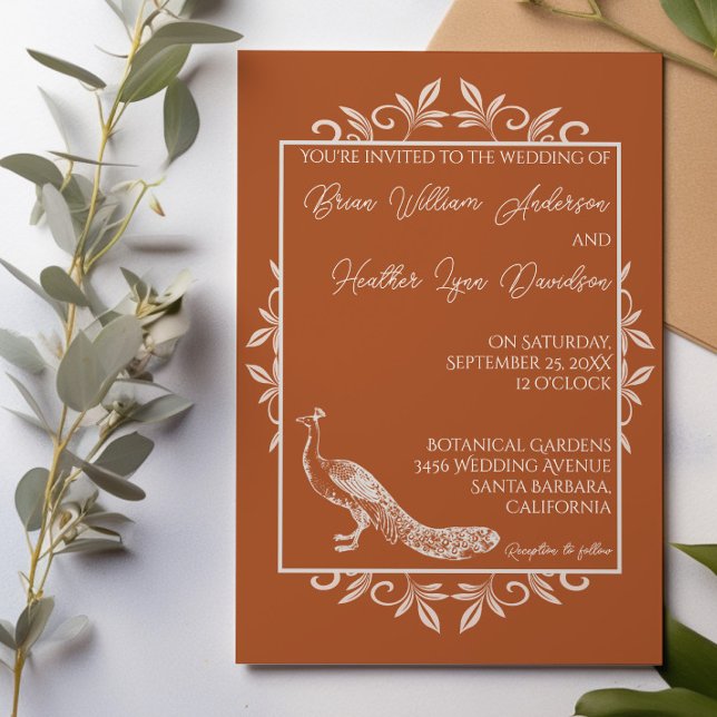 Rust Peacock Flourish Wedding bjudande Inbjudningar (Burnt Orange Peacock Flourish Wedding Invitation)