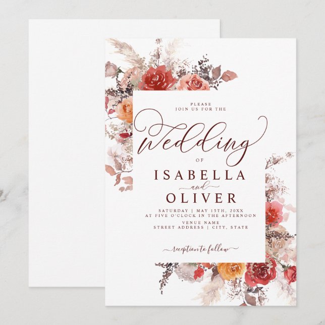 Rust Red Burnt Orange BohoTerracotta Bröllop Invit Inbjudningar (Fram/baksida)