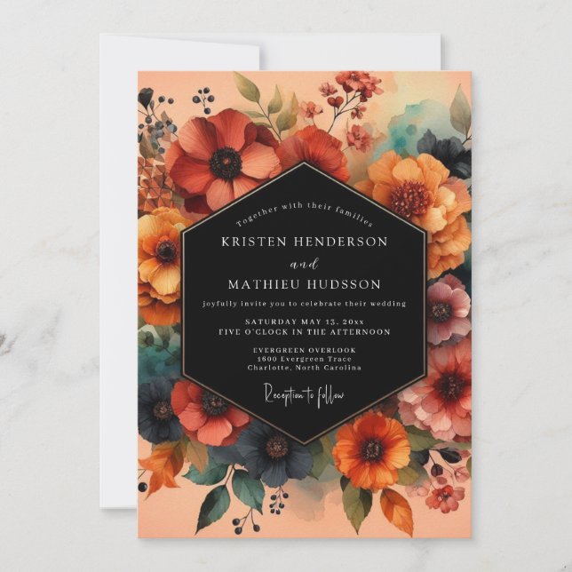 Rust Teal Moody Floral Wedding Inbjudningar (Framsida)