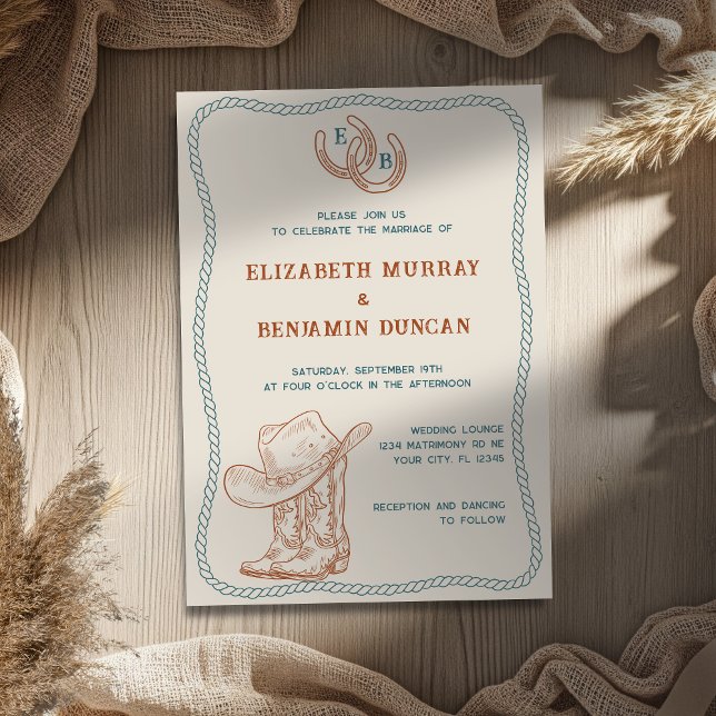 Rust Teal Western Horseshoe Monogram Wedding Inbjudningar (Skapare uppladdad)
