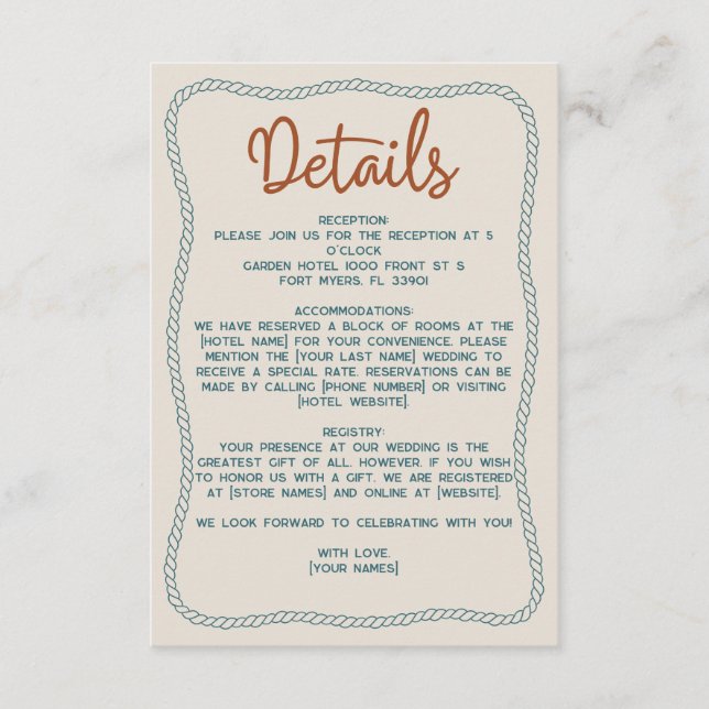 Rust Teal Western Rustic Barn Wedding Details Tilläggskort (Framsida)