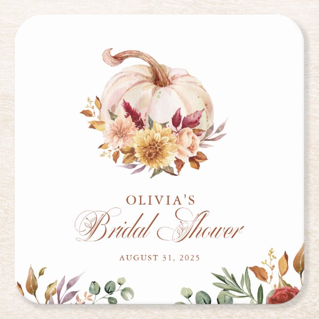 Rust Terracotta Blommigt Pampas Grass and Pumpkin Underlägg Papper Kvadrat (Framsidan)