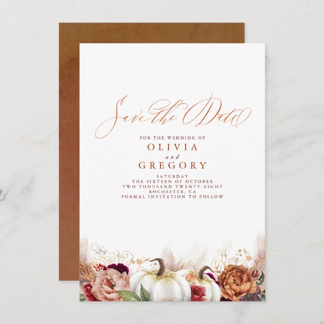 Rust Terracotta Blommigt Pumpkins sparar inte datu Meddelande (Fram/baksida)