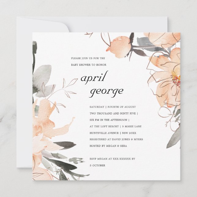 RUST TERRACOTTA BROWN BLOMMIGT BABY SHOWER INBJUDA TACK KORT (Framsida)