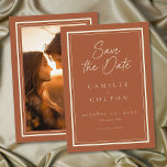 Rust Terracotta Minimalist Frame Wedding Photo Spara Datumet<br><div class="desc">Celebrate your love with this minimalist rust terracotta wedding photo save the date card design. It's perfect for a rustic autumn ceremony. This earthy,  modern look offers a warm and sophisticated feel for your autumn hue wedding. Created by Simply Farmhouse Press.</div>